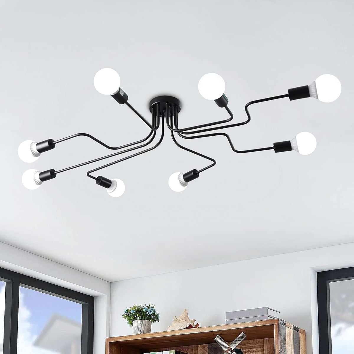 Black 8 Lights Industrial Semi Flush Mount Ceiling Light N6519