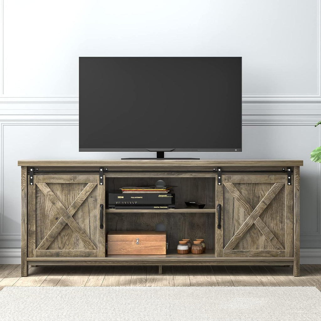 Farmhouse 65 Inch Wooden TV Stand with 2 Sliding Barn Doors C99631