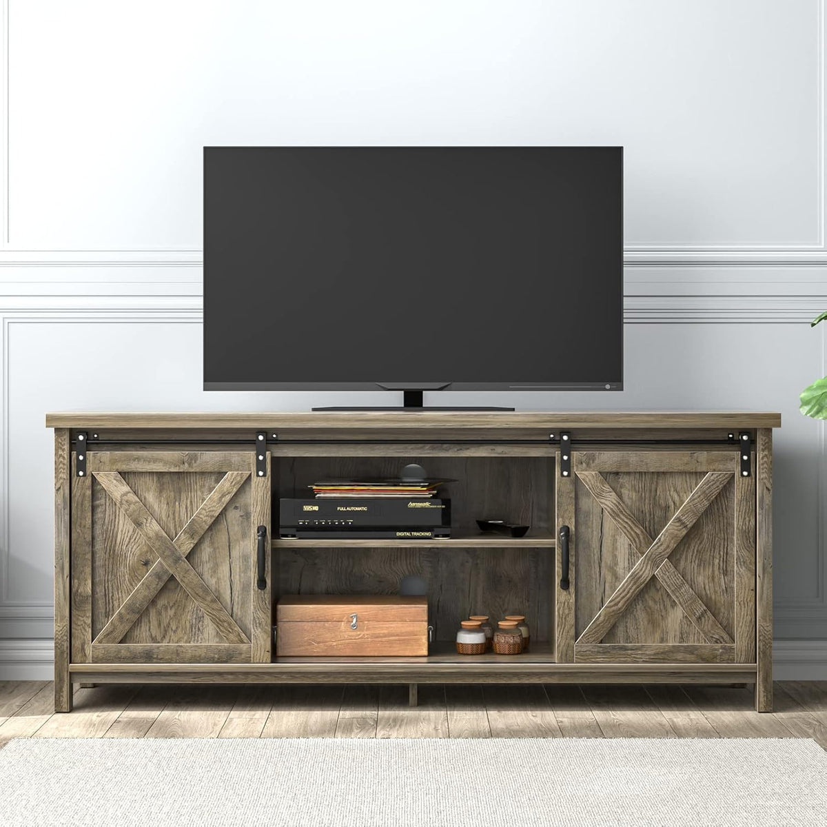 Farmhouse 65 Inch Wooden TV Stand with 2 Sliding Barn Doors C99631