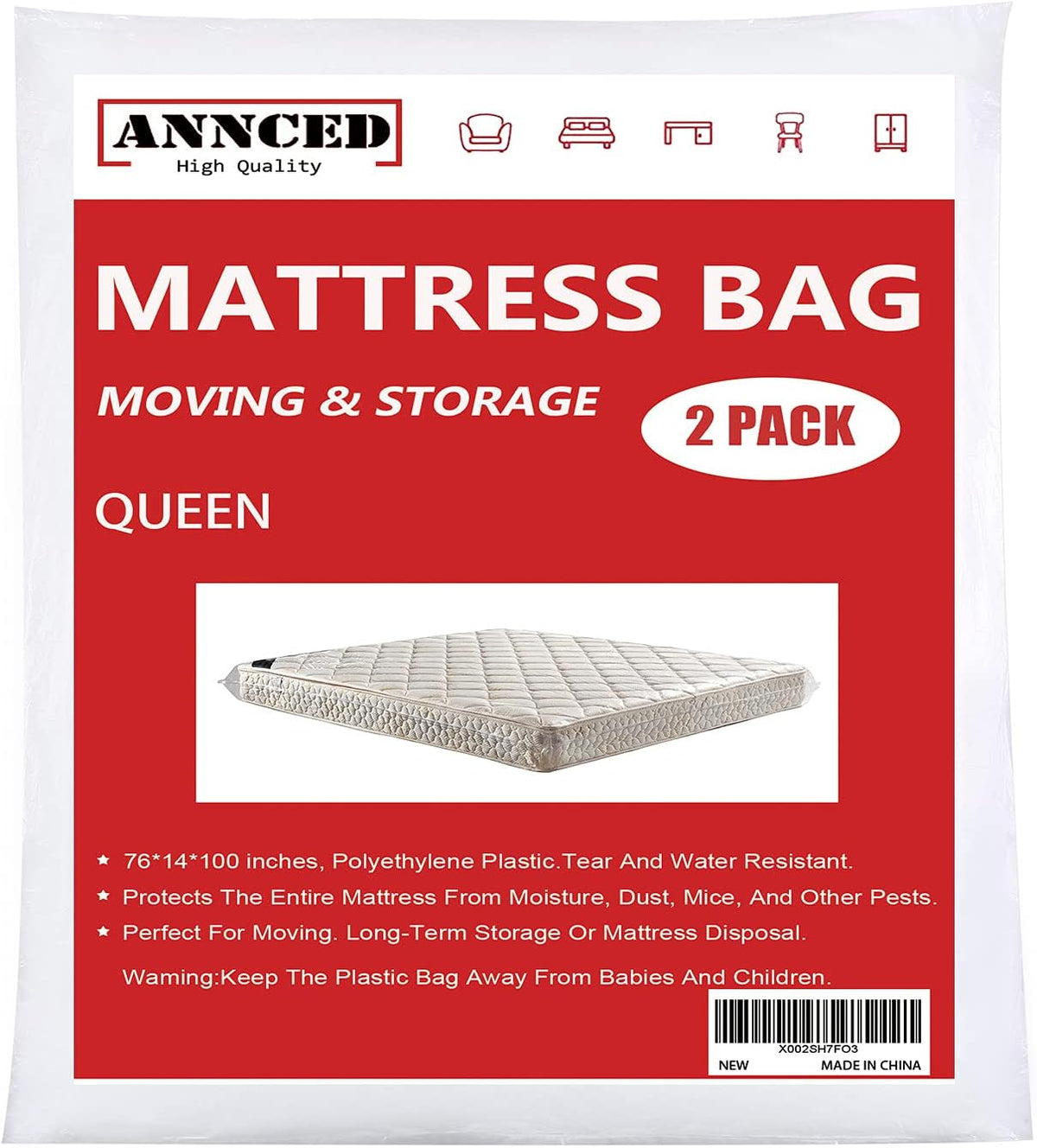 2 Packs Queen or California King Mattress Bag 4 mil Polyethylene Y466621