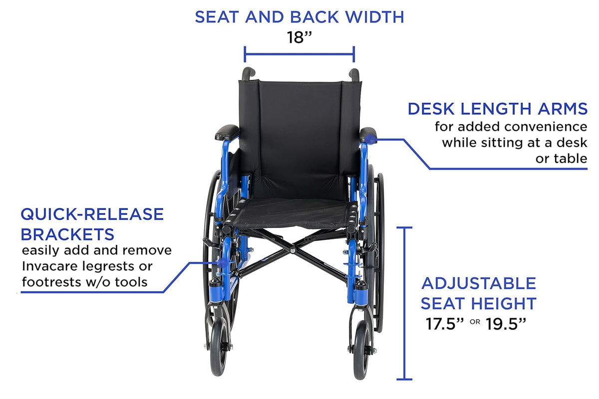 High Performance Lighter Weight Wheelchair with Desk Length Arms and Footrests, 18 Seat Width, Cobalt Blue U149456