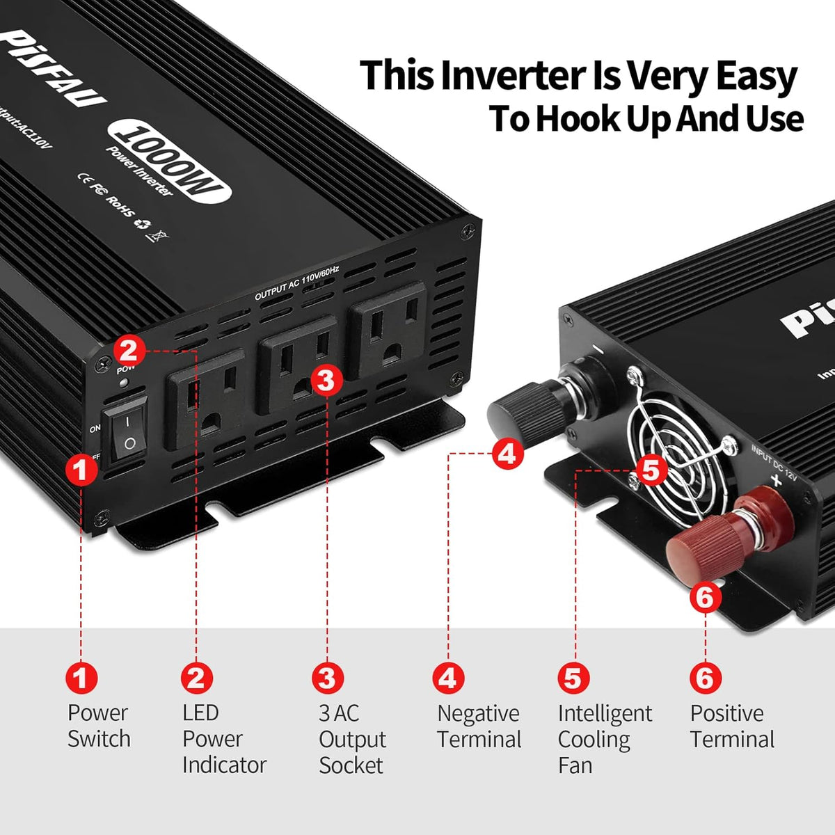 1000W Power Inverter 12V DC to 110V AC with 3 AC Sockets E77814