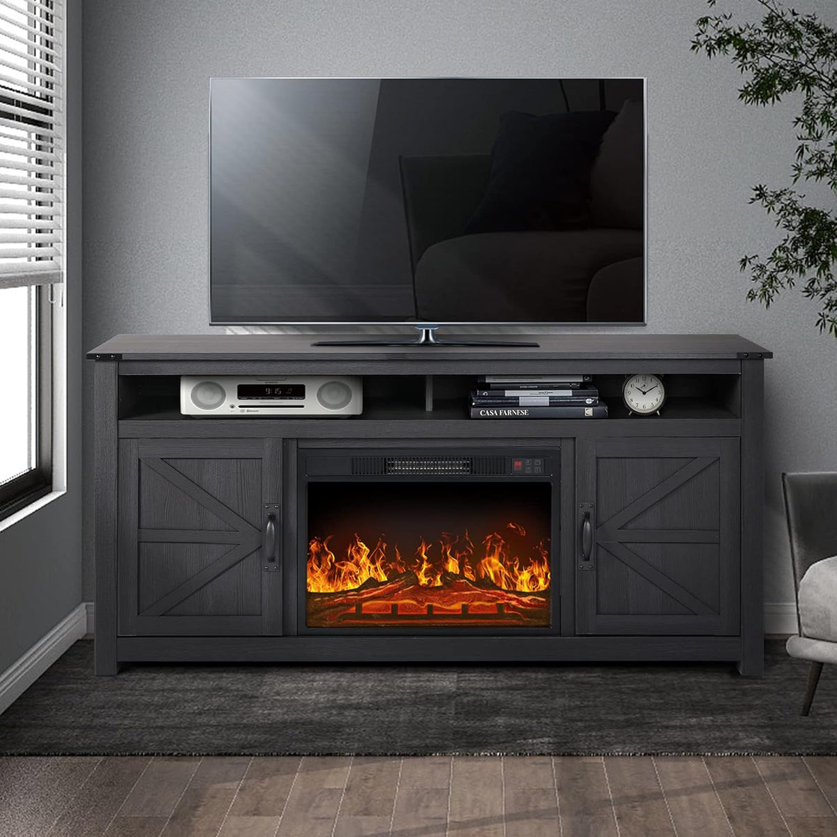 Farmhouse Barn Door TV Stand with 2 Storage Cabinets and Open Shelves I4805