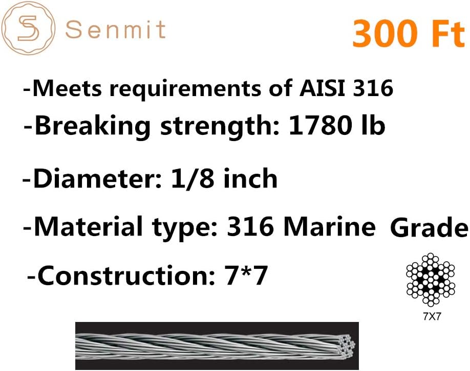 1/8 Stainless Steel Aircraft Wire Rope 7x7 300Feet T316 Marine Grade X49832