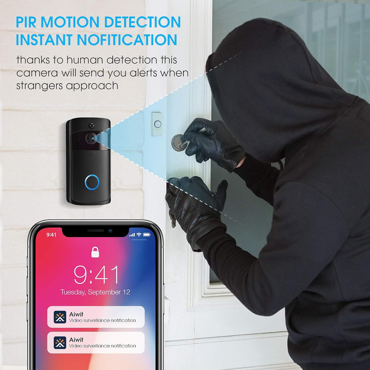 Wireless Doorbell Camera with Chime, Motion Detection, 2-Way Audio, Night Vision F62929