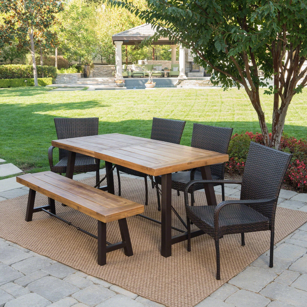 6-Piece Acacia Wood Dining Set with Wicker Stacking Chairs Q64376