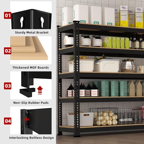 5 Tier Adjustable Heavy Duty Metal Shelving Unit, Black, 2 PCS U7002