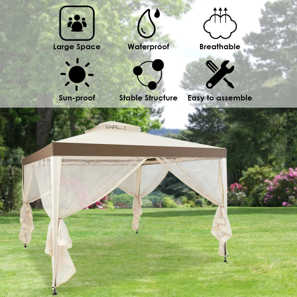 10'x 10' Beige Canopy Gazebo with Mosquito Netting O464306