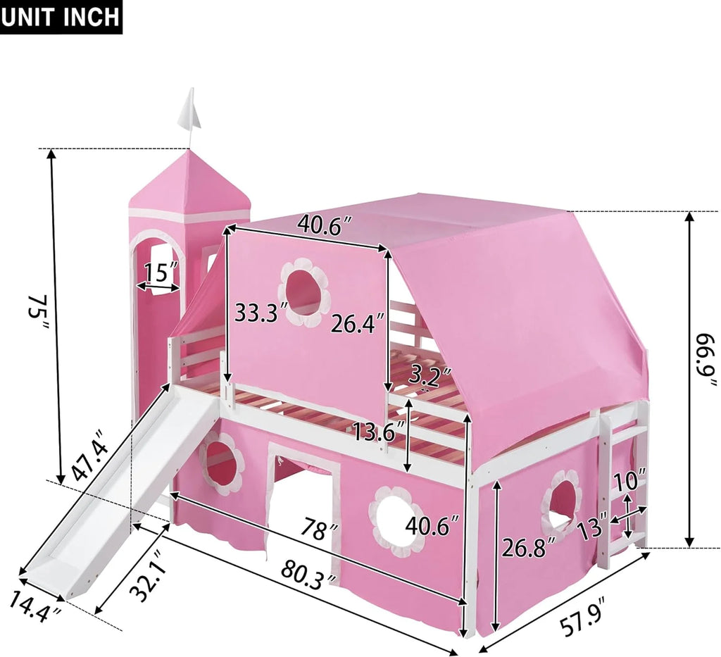 Full Size Solid Wood Low Loft Bed with Slide F694788
