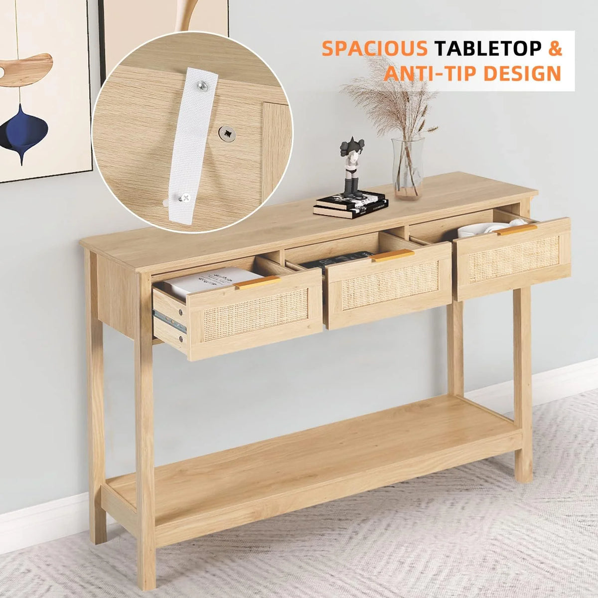51" Oak Grain Console Table with 3 Drawers V217