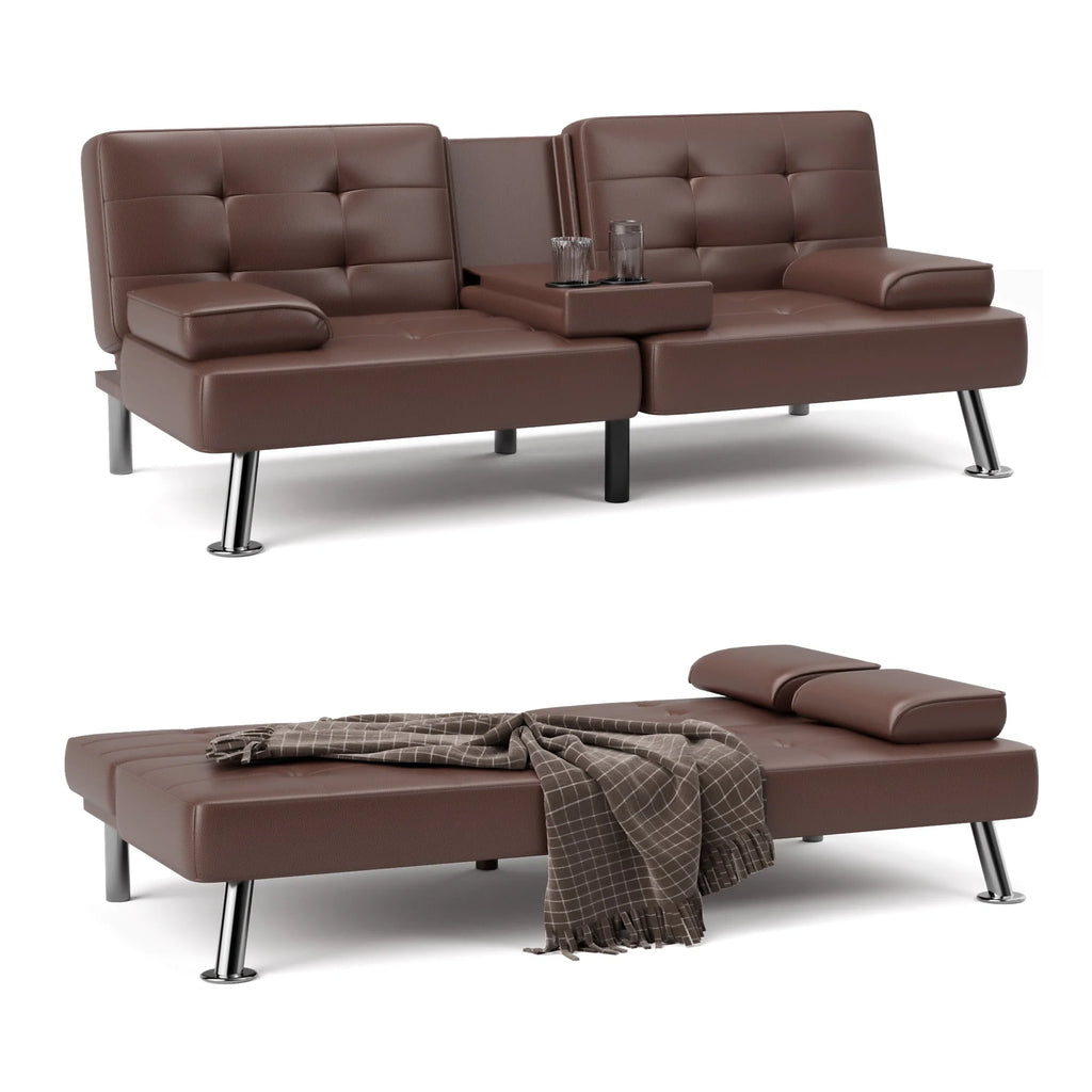 Faux Leather Convertible Futon Sofa Bed with 2 Cup Holders P128661