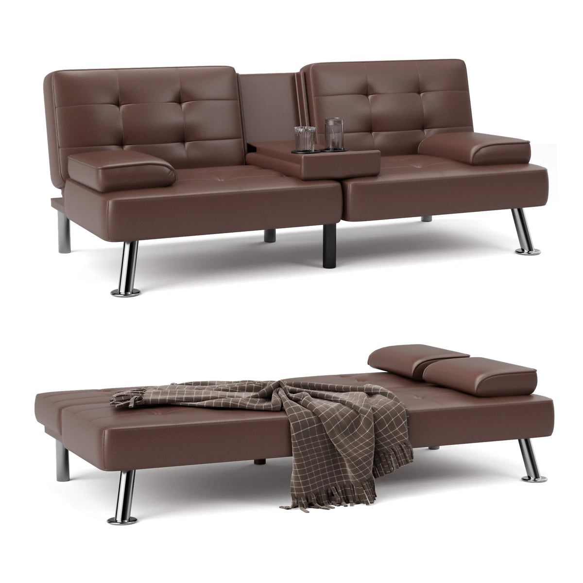 Faux Leather Convertible Futon Sofa Bed with 2 Cup Holders P128661