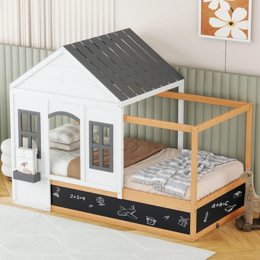 Twin Size House Shaped Canopy Bed with Black Roof & White Window V5798