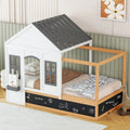 Twin Size House Shaped Canopy Bed with Black Roof & White Window V5798