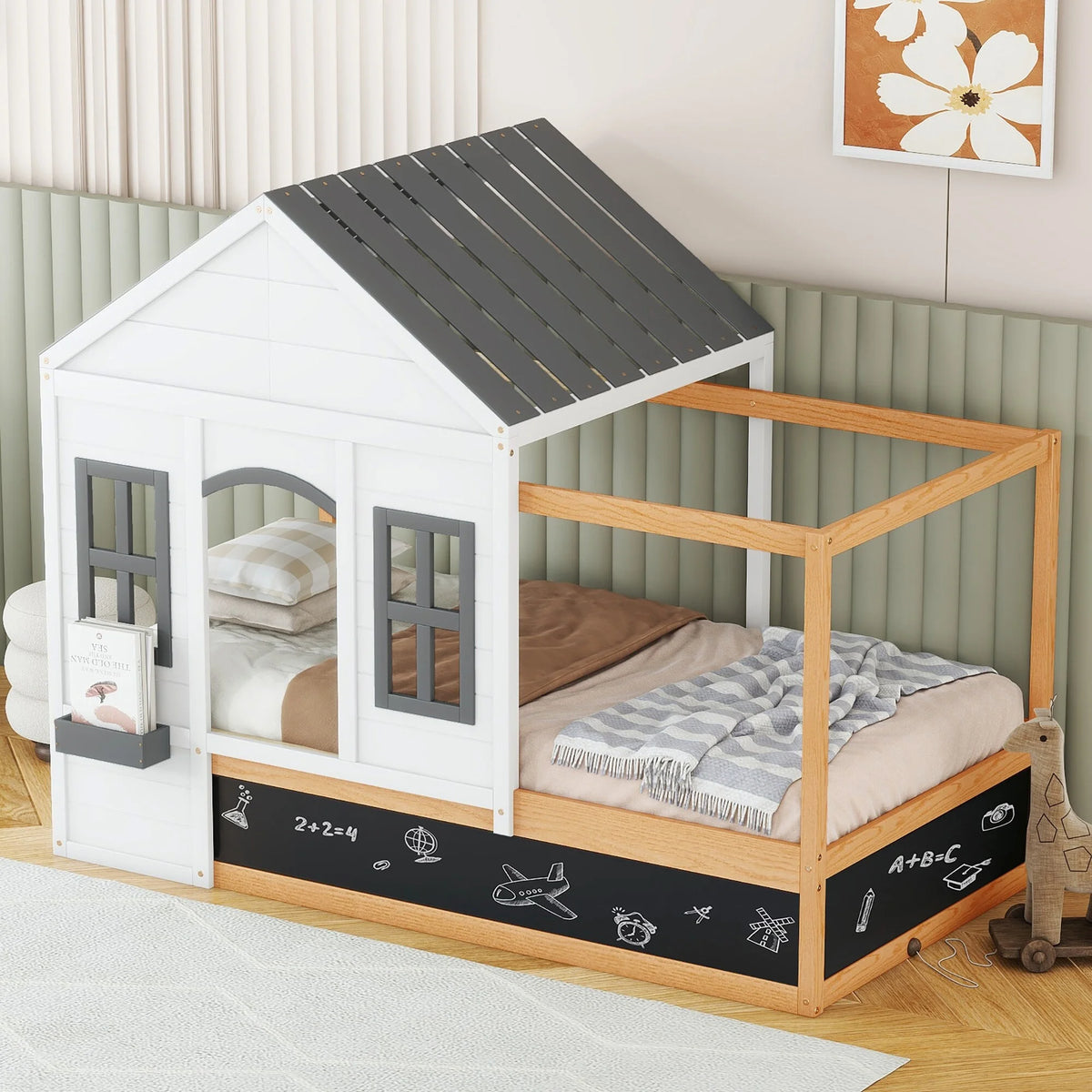 Twin Size House Shaped Canopy Bed with Black Roof & White Window V5798