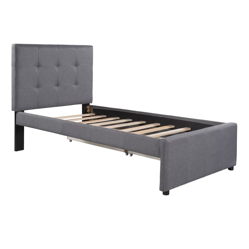 Gray Upholstered Twin Size Platform Bed with 2 Storage Drawers I5440