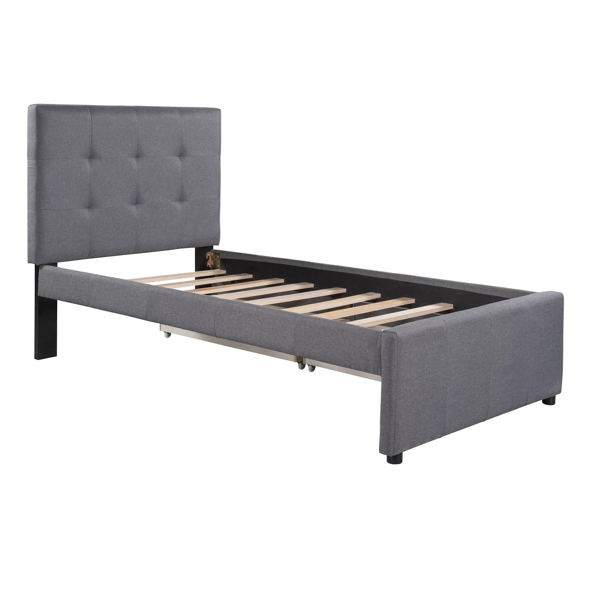 Gray Upholstered Twin Size Platform Bed with 2 Storage Drawers I5440