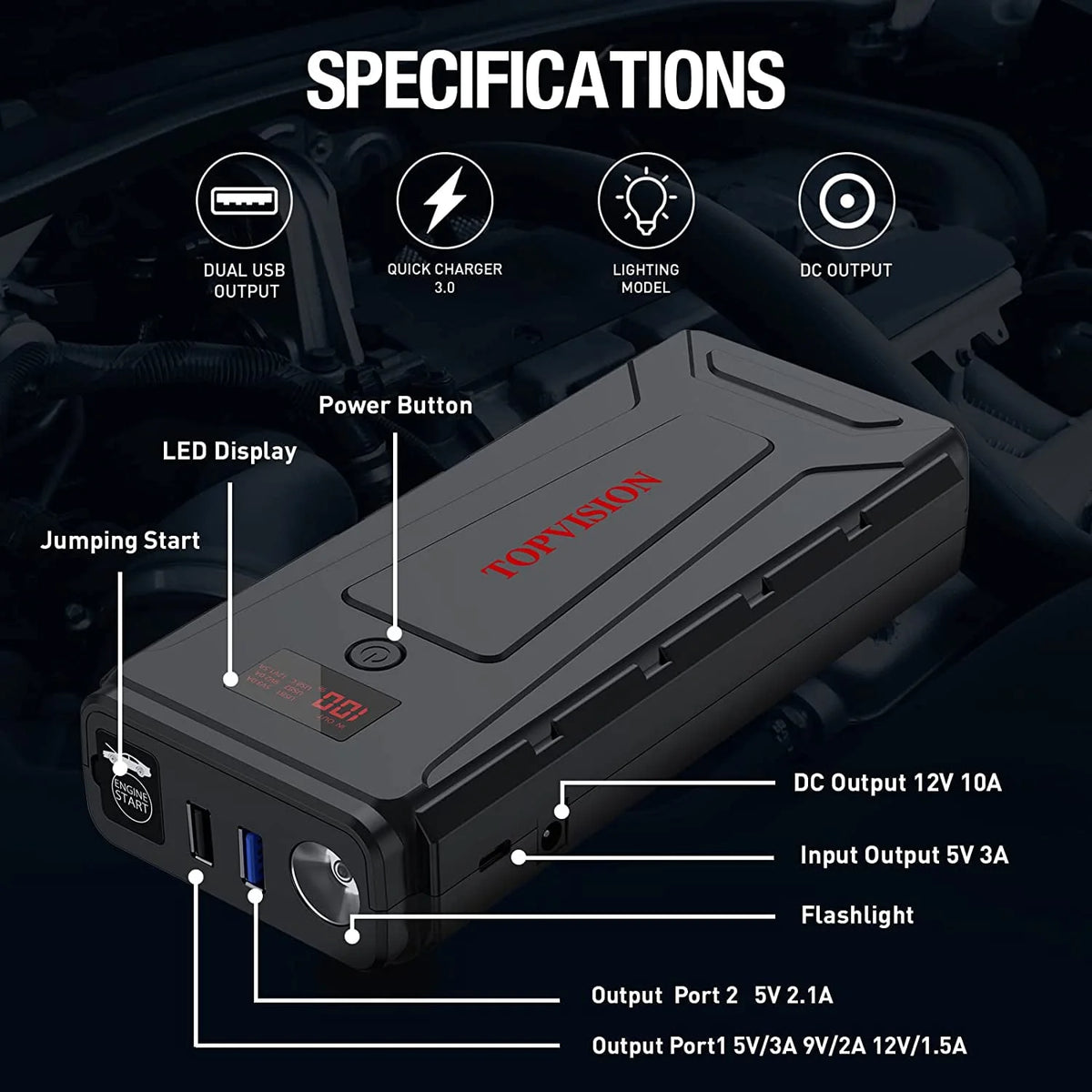 12V Car Jump Starter with Dual USB Quick Charge and DC Output Y912
