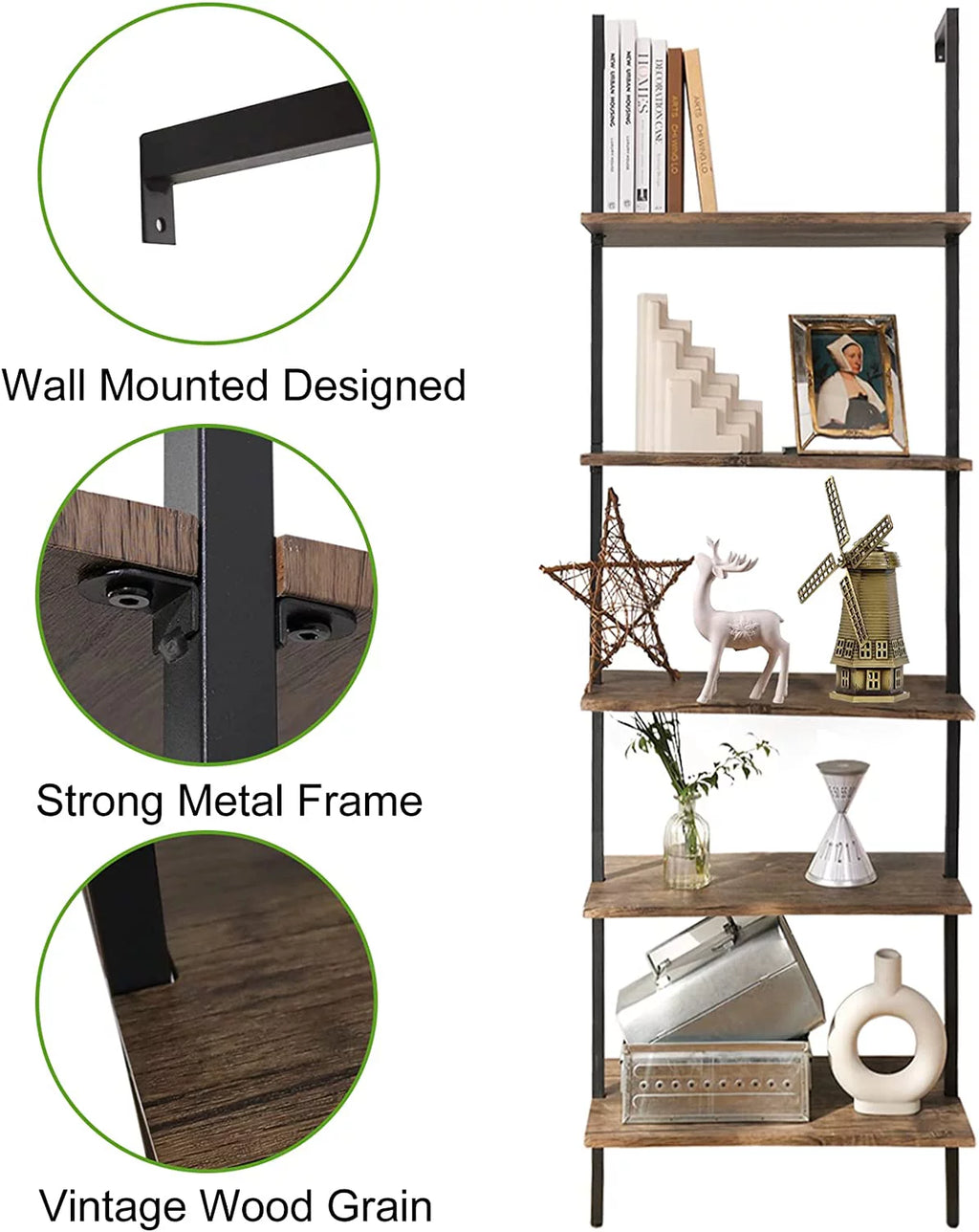 5-tier Wall-mounted Wood Bookshelf N5739