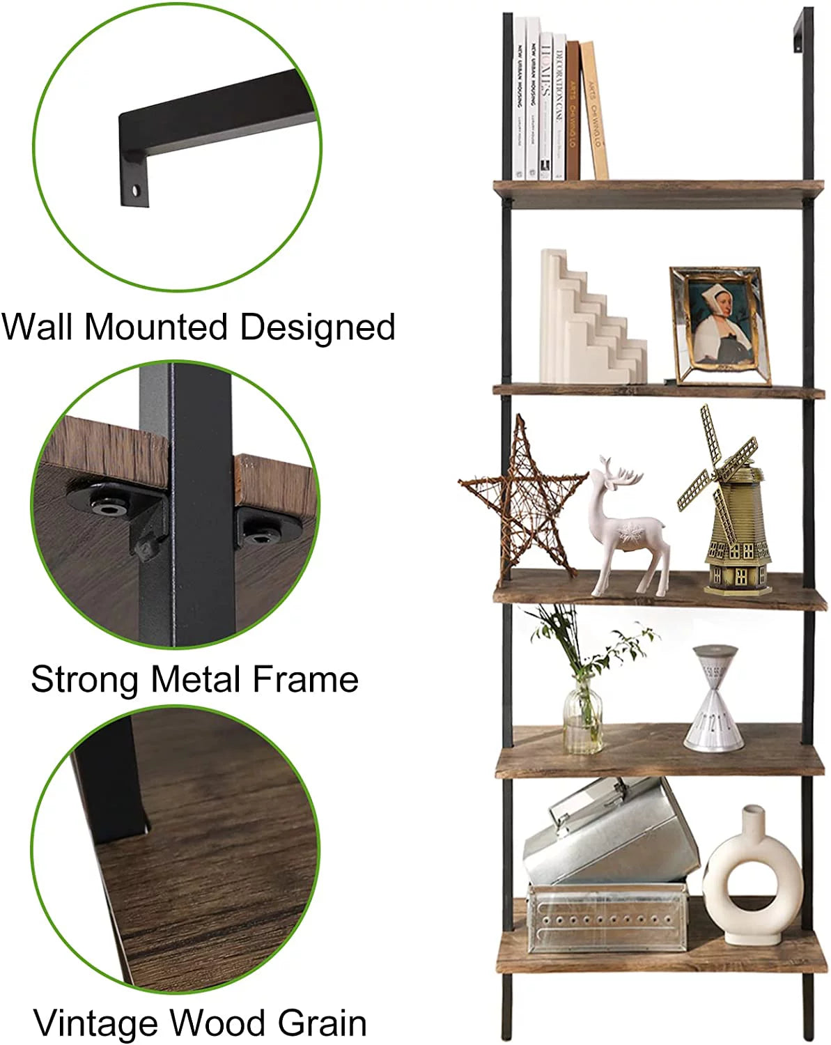 5-tier Wall-mounted Wood Bookshelf N5739