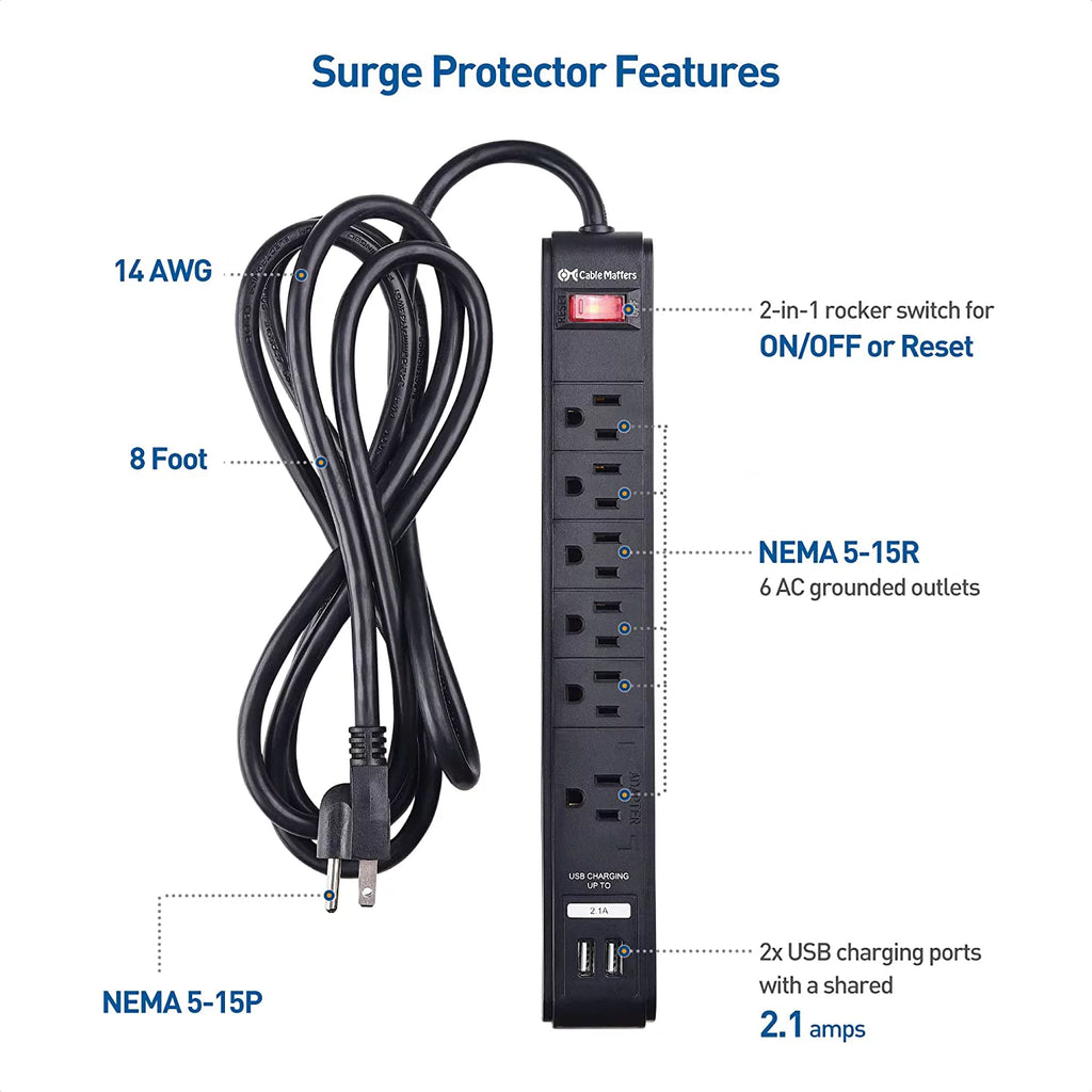2-Pack 6 Outlet Surge Protector Power Strip with USB Charging Ports, 8 Foot Cord, Black X488