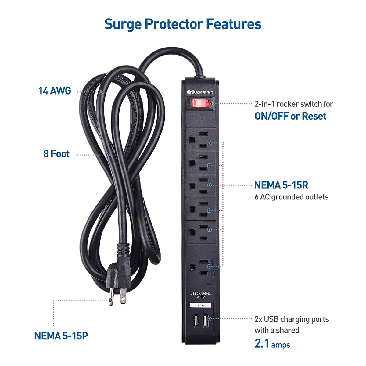 2-Pack 6 Outlet Surge Protector Power Strip with USB Charging Ports, 8 Foot Cord, Black X488