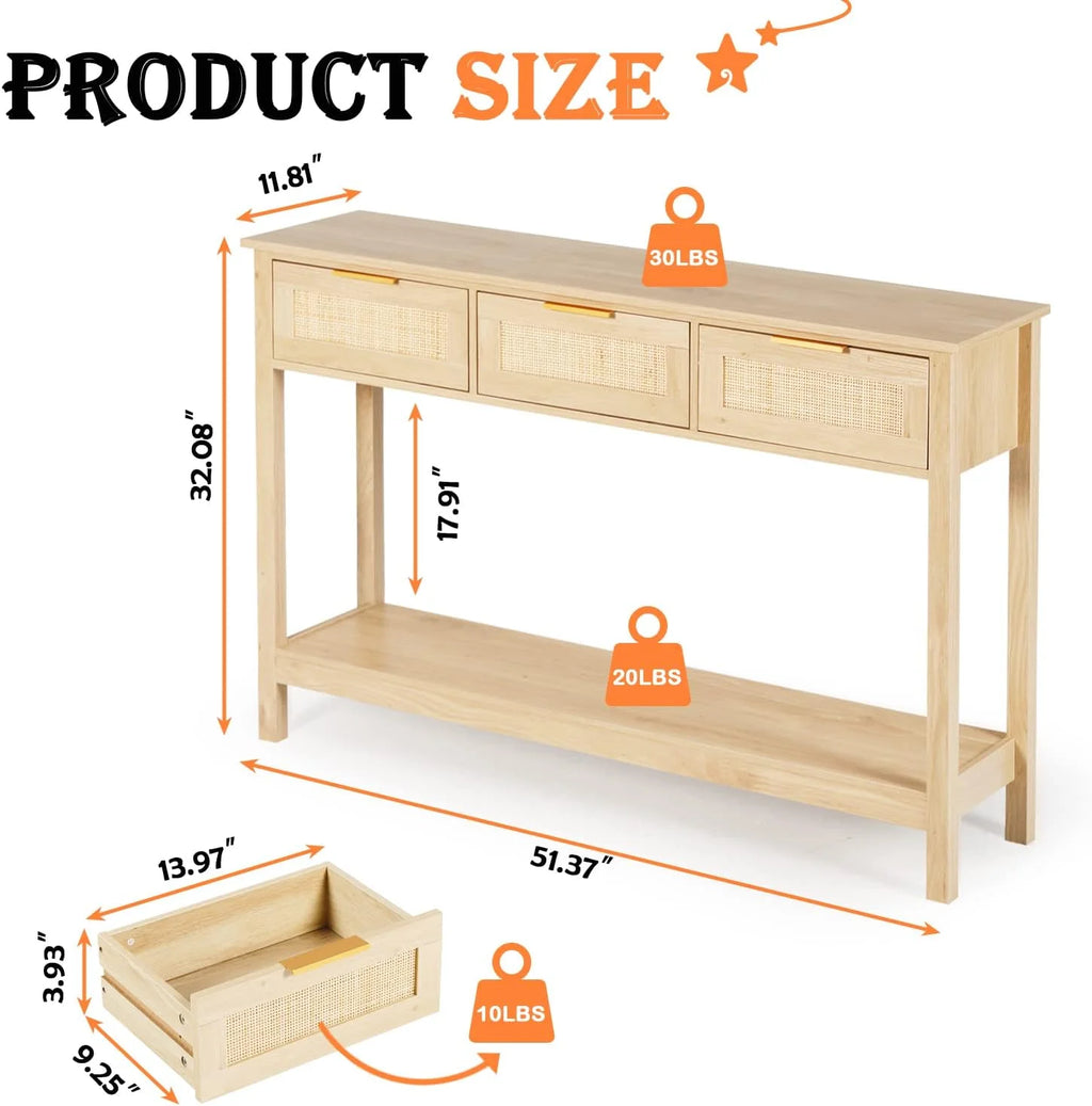 51" Oak Grain Console Table with 3 Drawers V217