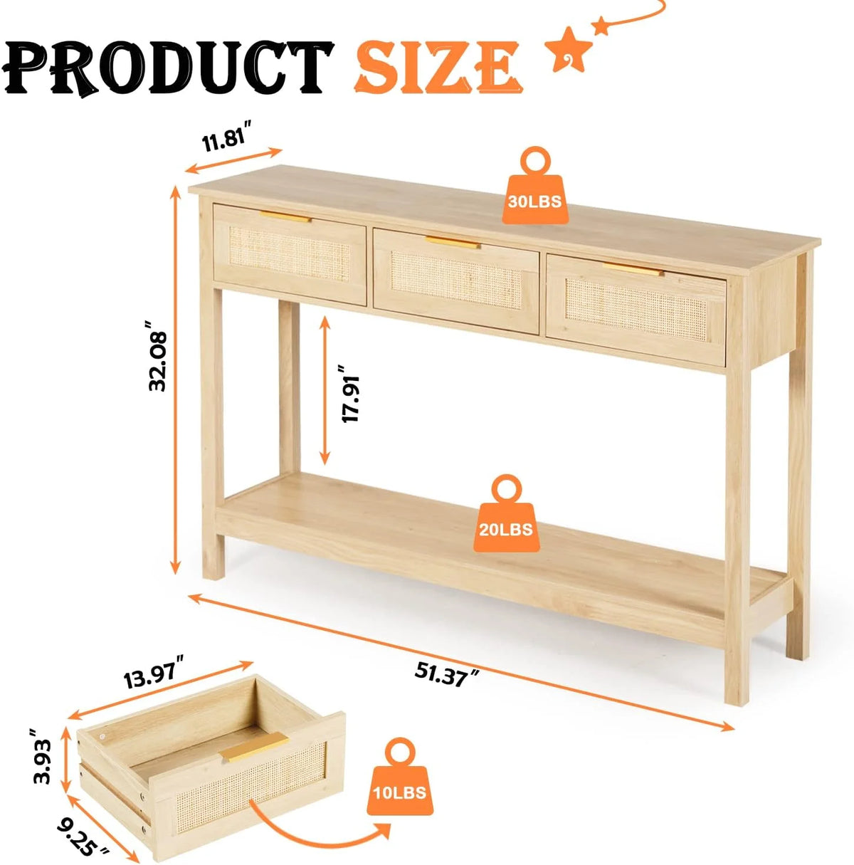51" Oak Grain Console Table with 3 Drawers V217