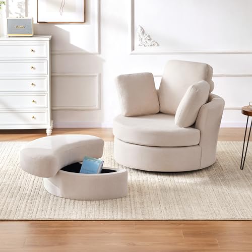 Beige Swivel Accent Barrel Chair with Ottoman D1140