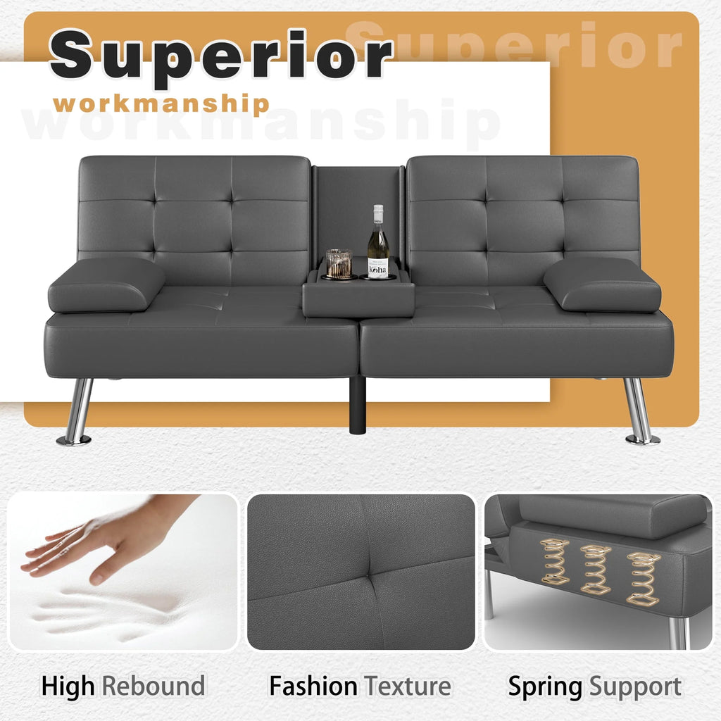 Faux Leather Convertible Futon Sofa Bed with 2 Cup Holders P128661