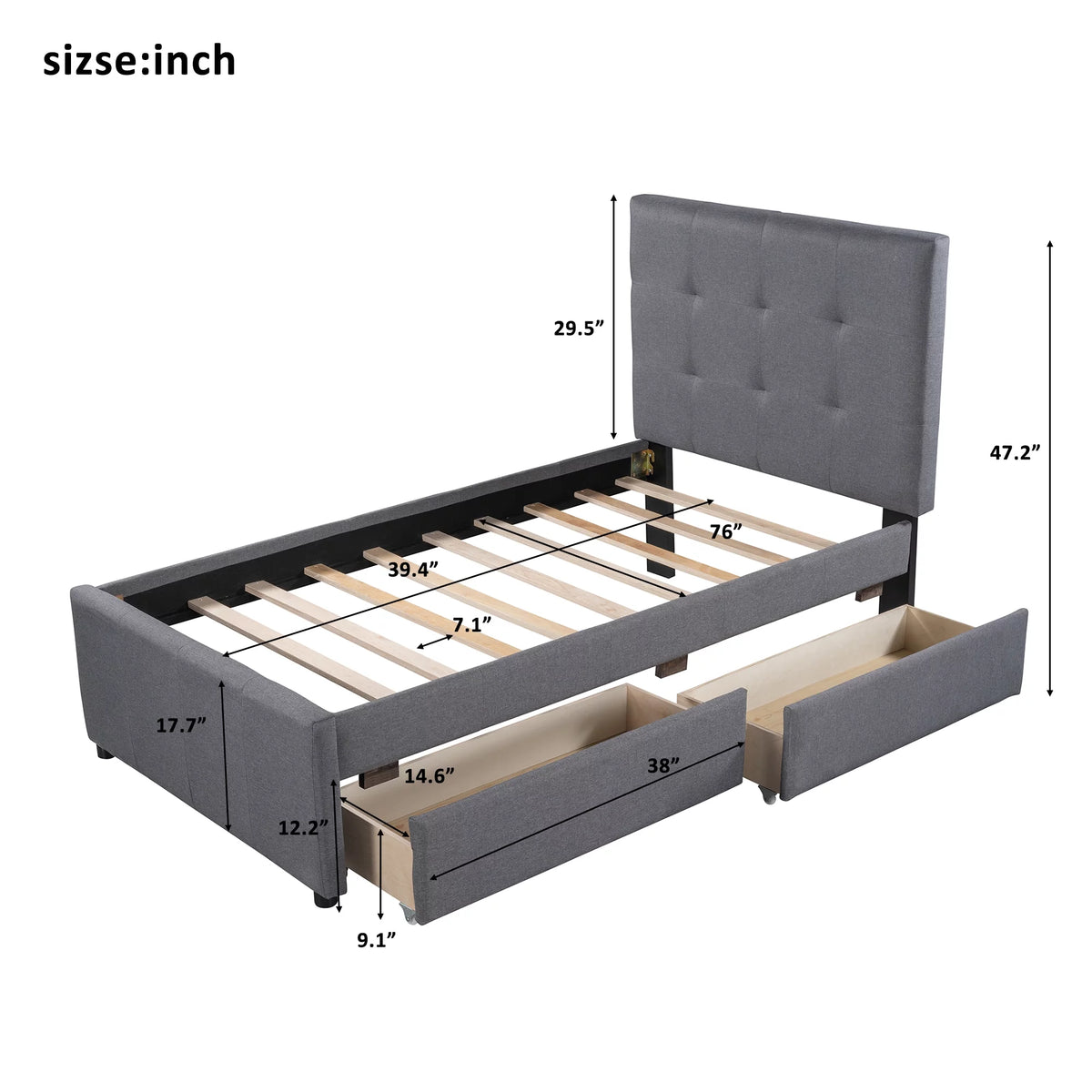 Gray Upholstered Twin Size Platform Bed with 2 Storage Drawers I5440