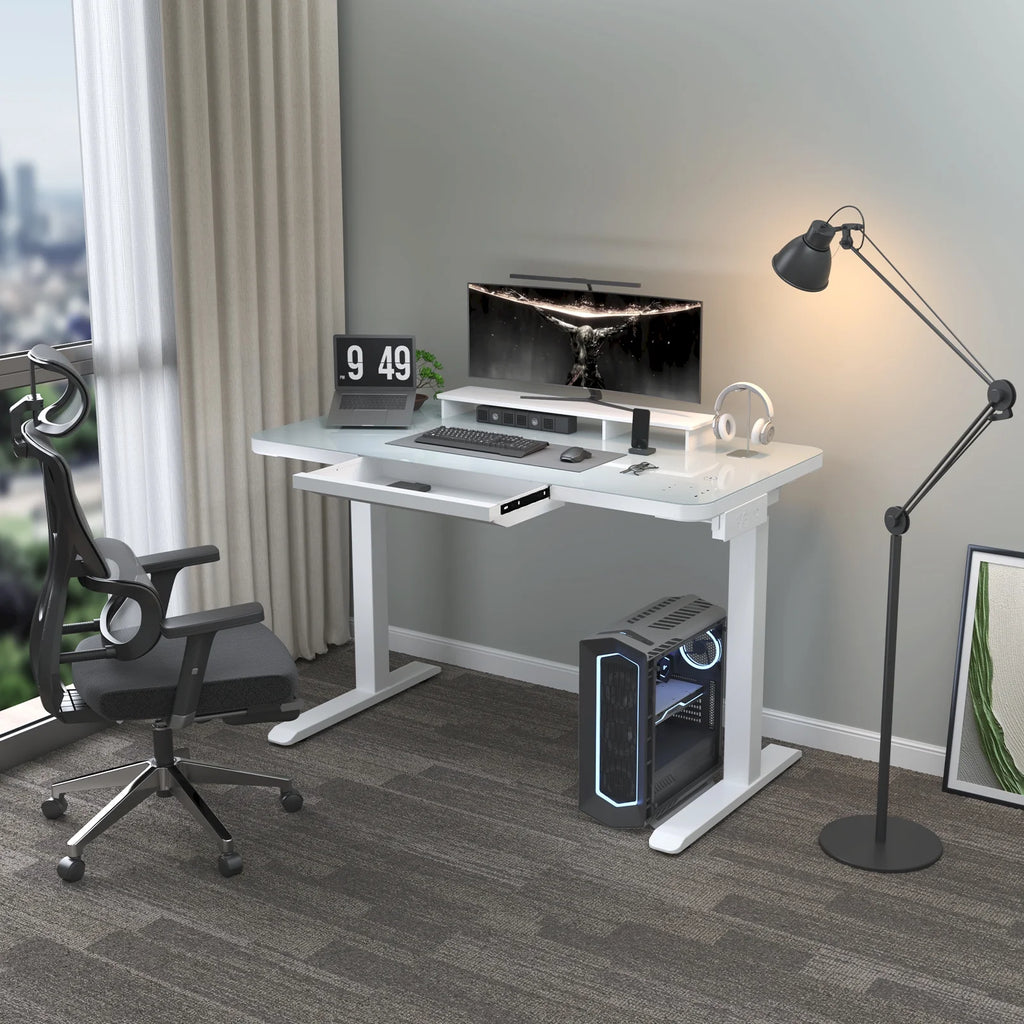White Electric Glass Standing Desk with Drawers H513121