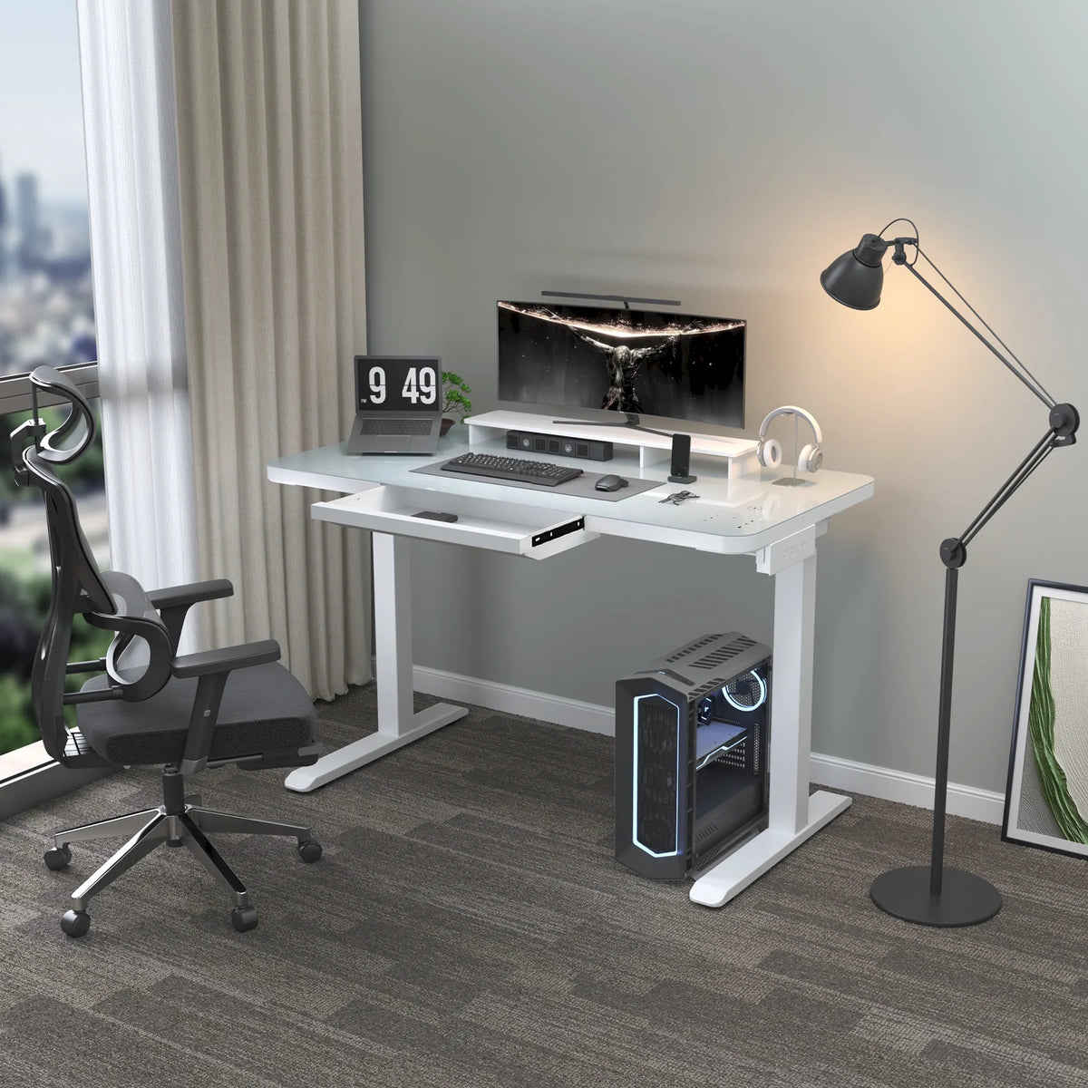 White Electric Glass Standing Desk with Drawers H513121