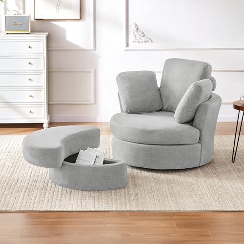 Beige Swivel Accent Barrel Chair with Ottoman D1140