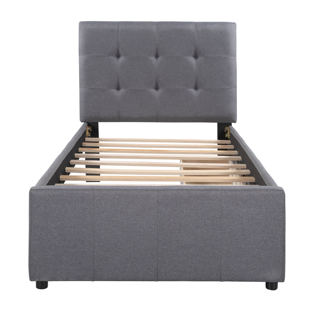 Gray Upholstered Twin Size Platform Bed with 2 Storage Drawers I5440