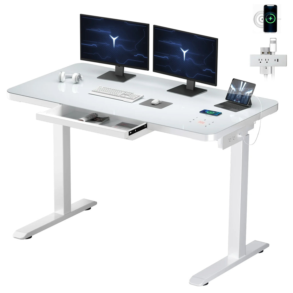 White Electric Glass Standing Desk with Drawers H513121