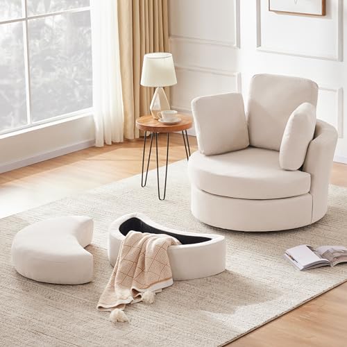 Beige Swivel Accent Barrel Chair with Ottoman D1140