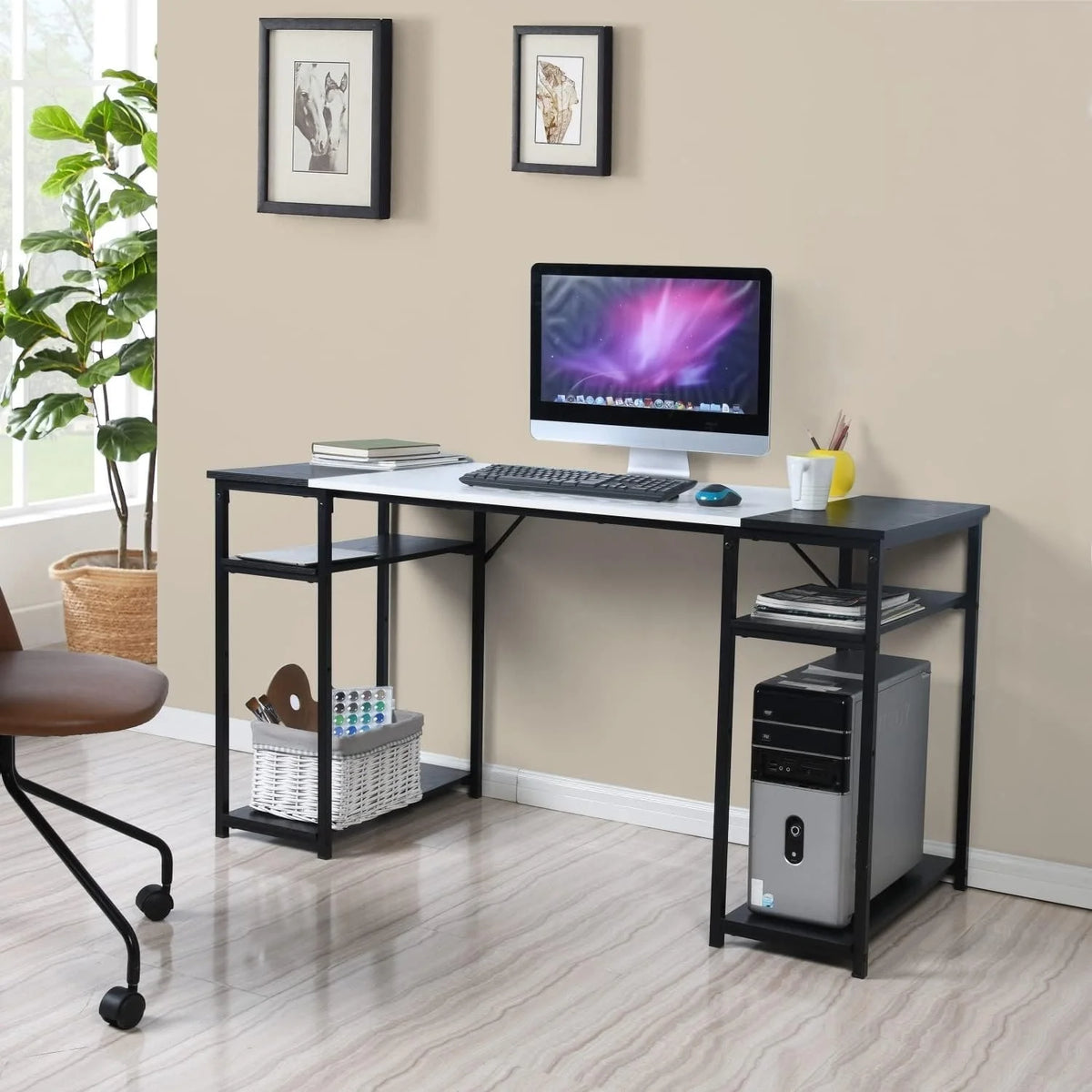 Black & White Wood Desk with 4 Storage Shelves O836489