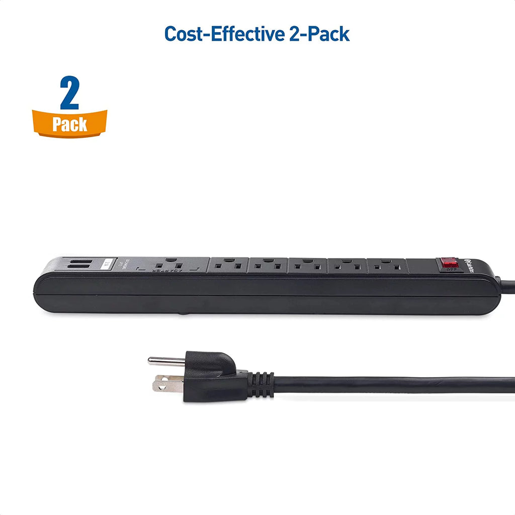 2-Pack 6 Outlet Surge Protector Power Strip with USB Charging Ports, 8 Foot Cord, Black X488