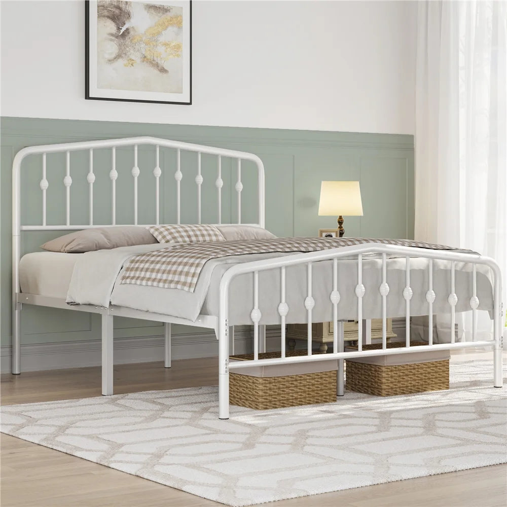 White Queen Metal Platform Bed with Arched Headboard and Footboard V1289