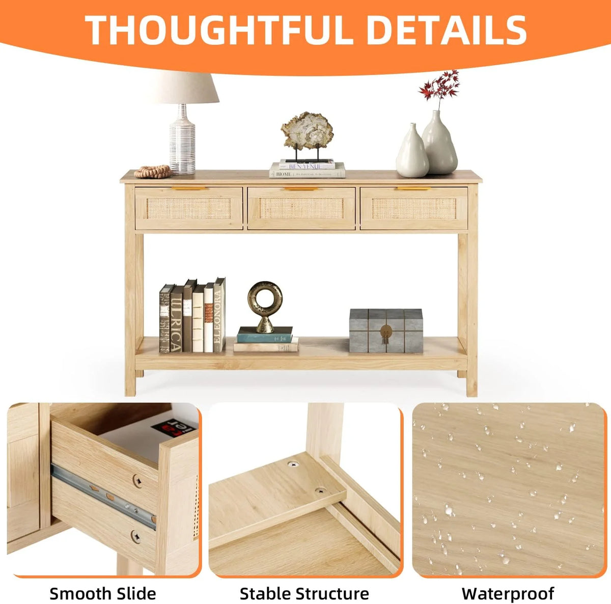 51" Oak Grain Console Table with 3 Drawers V217