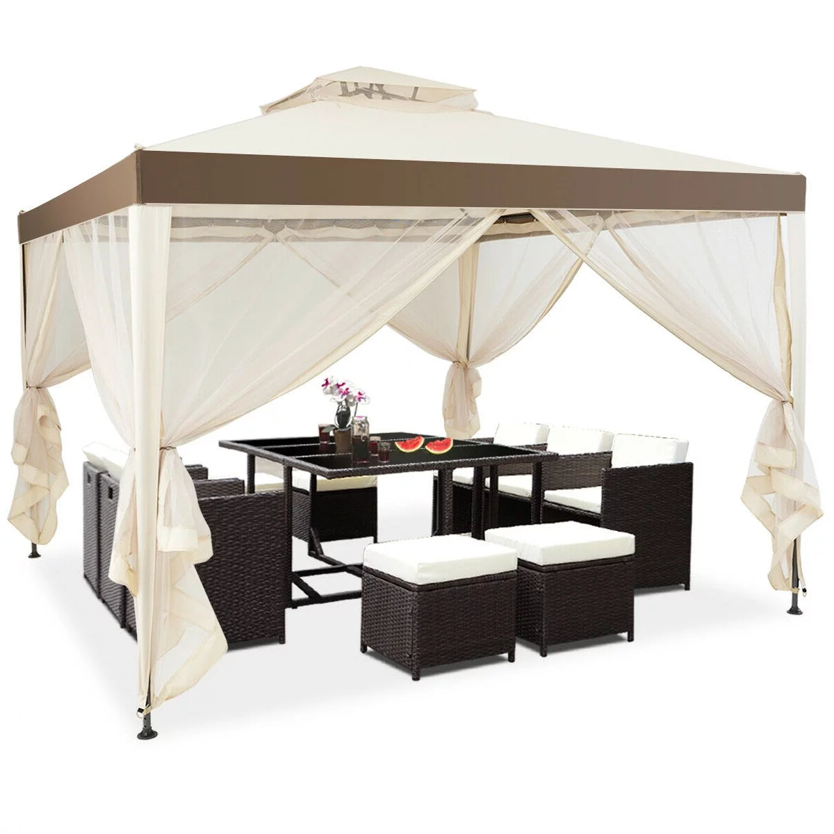 10'x 10' Beige Canopy Gazebo with Mosquito Netting O464306