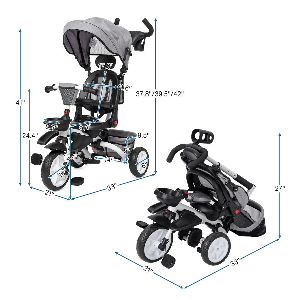 Folding Toddler Tricycle with Adjustable Push Handle, Harness, Canopy and Storage E69987