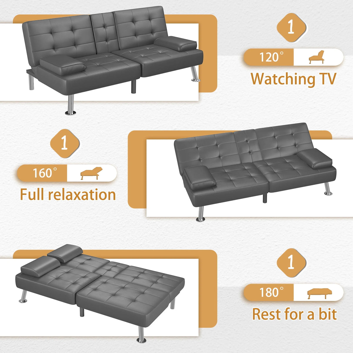 Faux Leather Convertible Futon Sofa Bed with 2 Cup Holders P128661