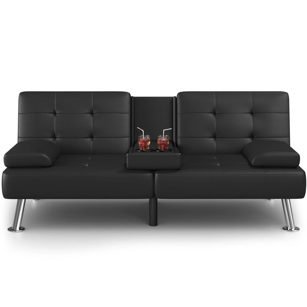 Faux Leather Convertible Futon Sofa Bed with 2 Cup Holders P128661