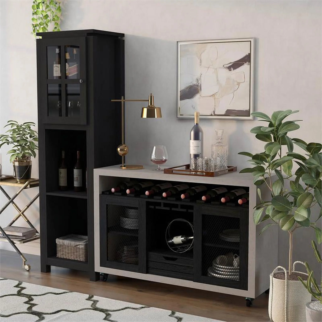 Wood 2pc Server and Wine Bar Cabinet Set in Black F7335