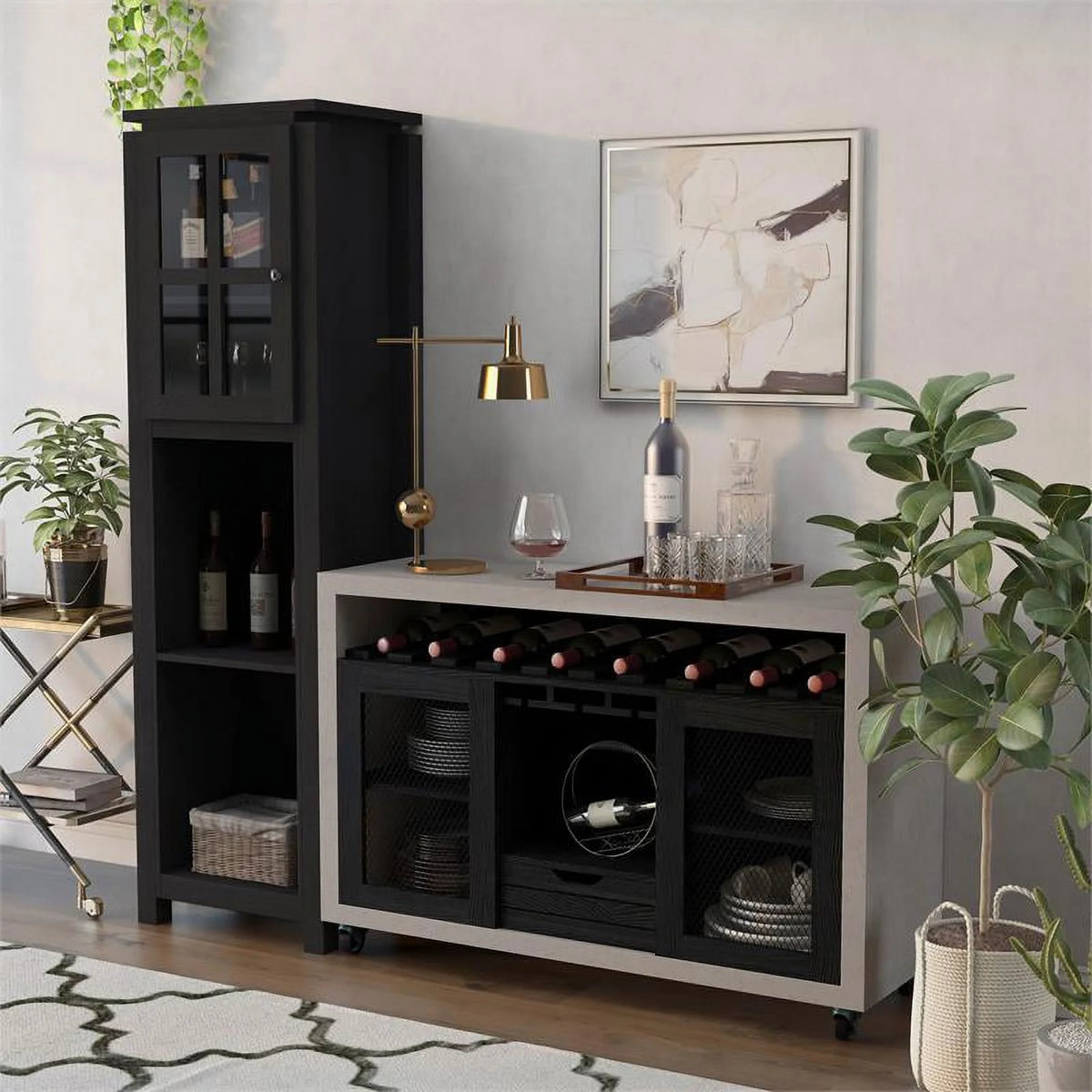 Wood 2pc Server and Wine Bar Cabinet Set in Black F7335