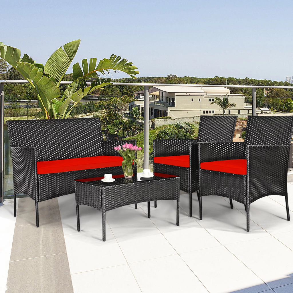 4 Pcs Outdoor Rattan Furniture Set with Turquoise Cushion A311001