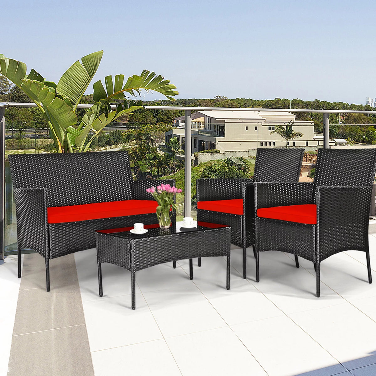 4 Pcs Outdoor Rattan Furniture Set with Turquoise Cushion A311001