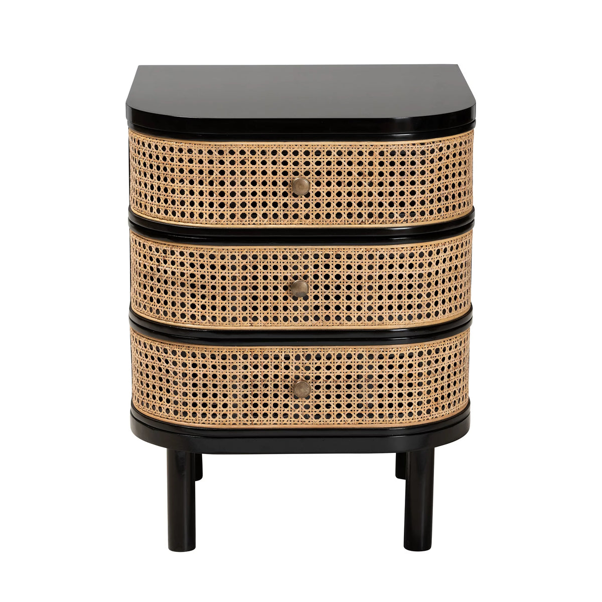 Black Wood and Rattan 3-Drawer End Table Nightstand A58965